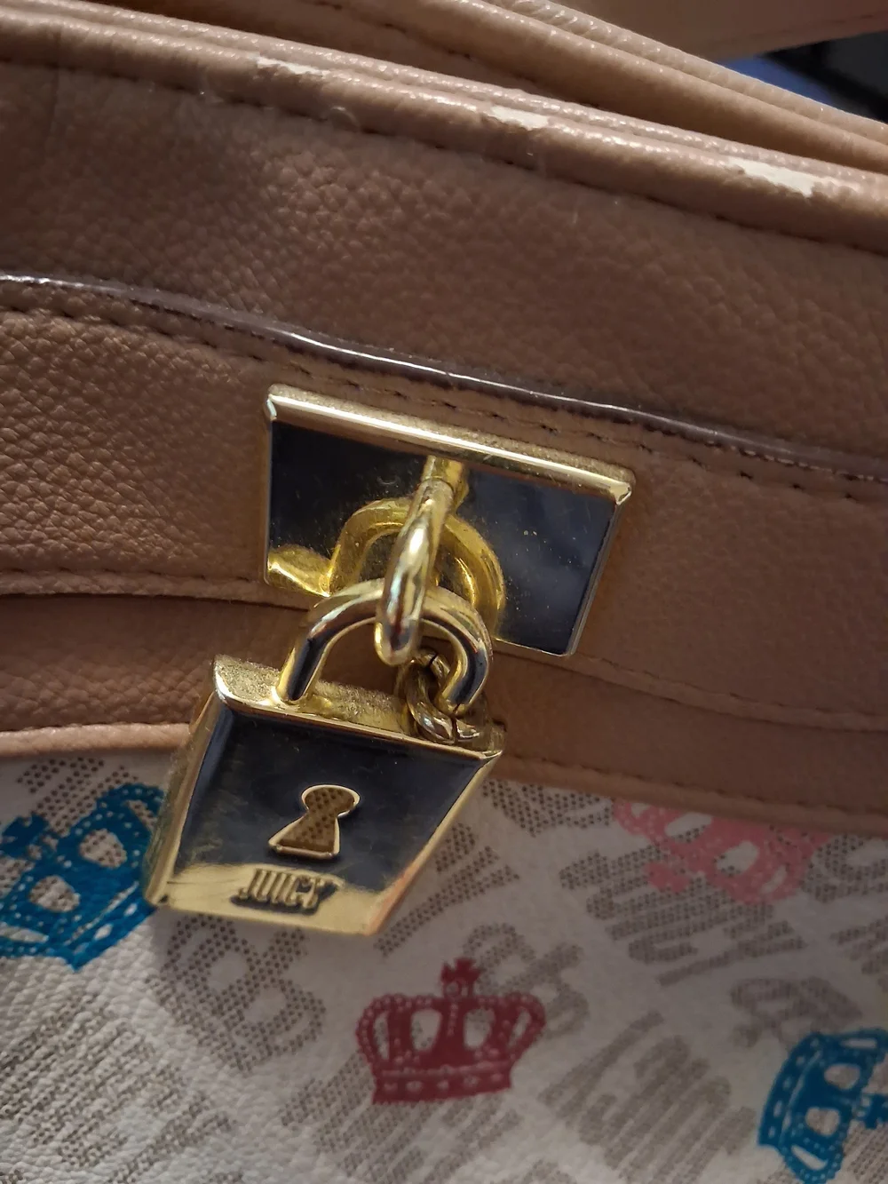 Juicy Couture Beige Tote with Multicolor Crown Print